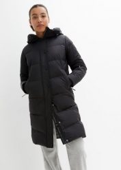Płaszcz puchowy na podszewce z nadrukiem, z odpychającego wodę materiału. Czarne kurtki damskie bonprix, bez wzorów, z puchu, bez kaptura. Za 489.99 zł.
