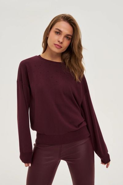 Bluza z dżetami burgundowa. Czerwone bluzy damskie MOODO, l, bez wzorów, z bawełny, bez kaptura. W wyprzedaży za 44.99 zł.
