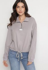 Szara Bluza z Bawełną i Suwakiem Ściągana Sznurkami Felasa. Szare bluzy damskie Born2be, na wiosnę, l, bez wzorów, z bawełny, bez kaptura. Za 59.99 zł.