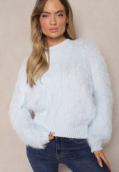 Jasnoniebieski Sweter o Futrzanym Wykończeniu z Wełną Meriaune. Niebieskie swetry damskie Renee, na zimę, bez wzorów, z futra, casualowe, bez kołnierzyka, bez ramiączek, długie, bez kaptura. Za 54.99 zł.