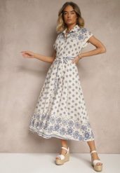 Beżowo-Niebieska Wiskozowa Sukienka w Kwiaty o Koszulowym Kroju z Wiązanym Paskiem Iffiana. Niebieskie sukienki damskie Renee, na imprezę, na lato, l, bez wzorów, z wiskozy, eleganckie, bez kołnierzyka, bez ramiączek, midi, koszulowe. Za 99.99 zł.