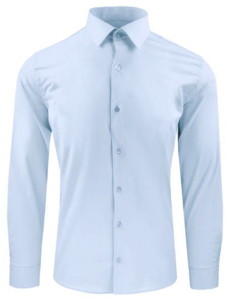 Bawełniana Koszula Elegancka, Slim - Victorio - Błękitna. Niebieskie koszule męskie Victorio, uniwersalny, bez wzorów, z bawełny, eleganckie, bez kołnierzyka, bez ramiączek. Za 195.00 zł.