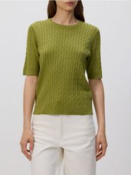 Sweter z ozdobnym splotem - oliwkowy. Zielone swetry damskie Reserved, l, bez wzorów, z dzianiny, klasyczne, bez kołnierzyka, bez ramiączek, bez kaptura. Za 79.99 zł.