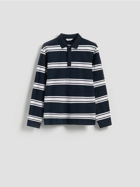 Koszulka polo comfort w paski - granatowy. Niebieskie koszulki polo męskie Reserved, l, bez wzorów, z bawełny, bez ramiączek. Za 119.99 zł.