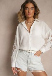 Biała Koszula o Fasonie Oversize z Haftowanymi Zdobieniami Dovelissa. Białe bluzki damskie Renee, l, z aplikacjami, biznesowe, bez kołnierzyka, bez ramiączek. Za 74.99 zł.