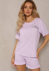 Jasnofioletowy Komplet Piżamowy 2-częściowy Iodia. Fioletowe piżamy damskie Renee, xl, bez wzorów, z dzianiny, bez ramiączek, krótkie. Za 44.99 zł.