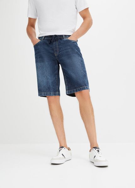 Bermudy z gumką w talii ze stretchem, slim fit. Niebieskie spodnie materiałowe męskie bonprix, m, bez wzorów, z denimu. Za 127.99 zł.