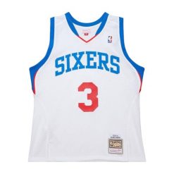 Koszulka NBA Philadelphia 76ers Allen Iverson 2009. Białe koszule damskie Mitchell & Ness, bez wzorów, bez kołnierzyka, bez ramiączek. W wyprzedaży za 402.00 zł.