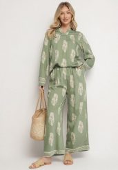 Zielony Komplet w Stylu Boho Oversize Długa Koszula i Luźne Spodnie Meppina. Zielone koszule damskie Born2be, m, bez wzorów. Za 119.99 zł.