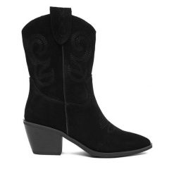 Kowbojki Badura. Czarne botki damskie Badura, bez obcasa, na słupku, bez zapięcia. Za 279.99 zł.