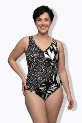 Damskie Strój kąpielowy efekt kopertowy miękkie miseczki ozdobny pierścień. Czarne kostiumy jednoczęściowe damskie Ulla Popken, plus size, bez wzorów, z elastanu, plus size, do pływania. Za 191.99 zł.