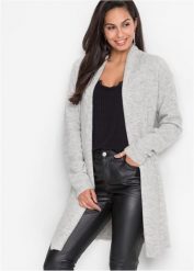 Długi sweter bez zapięcia z szalowym kołnierzem. Szare swetry damskie bonprix, bez wzorów, bez kołnierzyka, bez ramiączek, długie, bez kaptura. Za 129.99 zł.