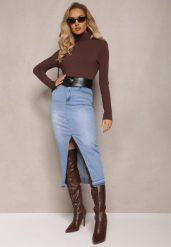 Niebieska Jeansowa Spódnica Midi High Waist z Rozcięciem Lushio. Niebieskie spódnice damskie Renee, s, bez wzorów, z bawełny, klasyczne, z podwyższonym stanem, midi. Za 99.99 zł.