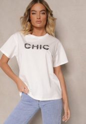 Biały T-shirt z Bawełny Ozdobiony Perełkami i Napisem Naloreth. Białe bluzki damskie Renee, m, bez wzorów, z bawełny, eleganckie, bez kołnierzyka. Za 34.99 zł.