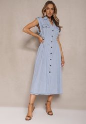 Jasnoniebieska Rozkloszowana Sukienka Jeansowa z Bawełny o Koszulowym Kroju Sepilie. Niebieskie sukienki damskie Renee, na spotkanie biznesowe, l, bez wzorów, z bawełny, eleganckie, bez kołnierzyka, bez ramiączek, koszulowe. Za 169.99 zł.