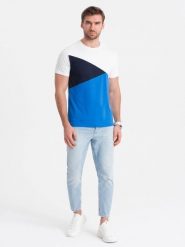 T-shirt męski trójkolorowy bawełniany - biało-niebieski V4 - Rozmiar: L. Niebieskie t-shirty męskie Ombre Clothing, l, bez wzorów, z bawełny, klasyczne, bez kołnierzyka. W wyprzedaży za 24.99 zł.