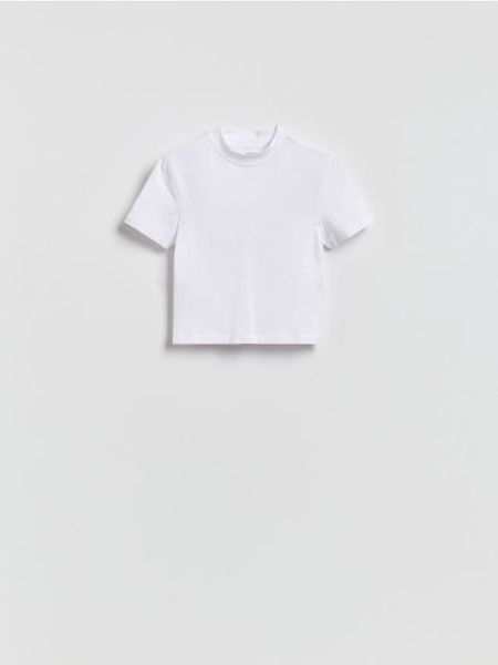 T-shirt z bawełną - biały. Białe t-shirty damskie Reserved, l, bez wzorów, z bawełny, bez kołnierzyka. Za 25.99 zł.