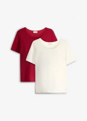 Koszulka ciążowa z głębokim okrągłym dekoltem (2 szt.). Białe t-shirty damskie bonprix, bez wzorów, bez kołnierzyka. Za 37.98 zł.