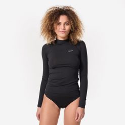 TOP UV surfingowy damski Olaian 100 długi rękaw. Czarne koszulki sportowe damskie OLAIAN, s, bez wzorów, z elastanu, sportowe, bez kołnierzyka. Za 49.99 zł.