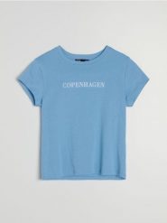 Bawełniana koszulka z haftowanym napisem - niebieski. Niebieskie t-shirty damskie Sinsay, l, bez wzorów, z bawełny, bez kołnierzyka. Za 19.99 zł.