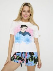 Piżama dwuczęściowa Frida Kahlo - kremowy. Białe piżamy damskie Sinsay, l, bez wzorów, bez ramiączek. W wyprzedaży za 22.99 zł.