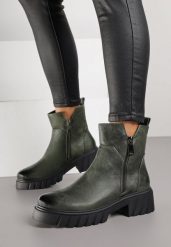 Zielone Botki do Kostki na Tłoczonej Podeszwie Zdobione Suwakiem Vodvire. Zielone botki damskie Born2be, z jeansu, eleganckie, bez obcasa, na płaskiej podeszwie, bez zapięcia. Za 169.99 zł.