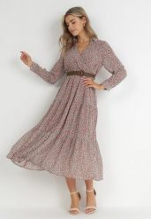 Różowa Sukienka Rozkloszowana w Kwiaty z Paskiem Khito. Czerwone sukienki damskie Born2be, na co dzień, l, bez wzorów, eleganckie, bez kołnierzyka, bez ramiączek, maxi, rozkloszowane. Za 139.99 zł.