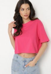 Różowy Krótki T-shirt Oversize Lilu. Czerwone bluzki damskie Born2be, l, bez wzorów, z bawełny, eleganckie, bez kołnierzyka. Za 29.99 zł.