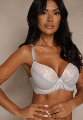 Szaro-Różowy Biustonosz z Koronką i Cyrkoniami Himelodia. Szare biustonosze Renee, z aplikacjami, z jeansu. Za 39.99 zł.