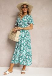Zielona Wiskozowa Sukienka z Kopertowym Dekoltem z Gumką w Pasie i Materiałowym Dekoltem Gilemia. Zielone sukienki damskie Renee, na co dzień, l, bez wzorów, z jeansu, eleganckie, bez kołnierzyka, bez ramiączek, maxi, dopasowane. Za 49.99 zł.