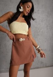 Brązowe Spódnico-Szorty High Waist Ozdobione Metaliczną Aplikacją i Paskiem Retness. Brązowe szorty damskie Renee, l, z aplikacjami, z podwyższonym stanem. Za 109.99 zł.