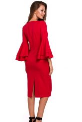 Sukienka na wesele elegancka midi z bufiastymi rękawami czerwona. Czerwone sukienki damskie Makover, na wesele, l, bez wzorów, eleganckie, bez kołnierzyka, bez ramiączek, midi, dopasowane. Za 289.00 zł.