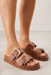 Brązowe Klapki z Metalicznymi Klamrami Aetheta. Brązowe klapki damskie Renee, bez wzorów, bez obcasa, na płaskiej podeszwie. Za 69.99 zł.