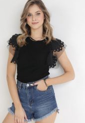 Czarny Bawełniany Top z Koronką przy Ramionach Learena. Czarne koszule damskie Born2be, m, bez wzorów, z bawełny, bez kołnierzyka, bez ramiączek. Za 84.99 zł.