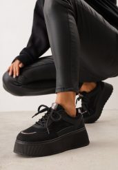 Czarne Sneakersy z Łączonych Materiałów na Grubej Podeszwie ze Żłobieniami Viko. Czarne obuwie sportowe damskie Born2be, bez wzorów, z dzianiny. Za 119.99 zł.