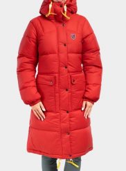 Płaszcz damski Fjallraven Expedition Long Down Parka. Czerwone parki damskie Fjällräven, na zimę, l, bez wzorów, z nylonu, bez kaptura. Za 2,748.89 zł.