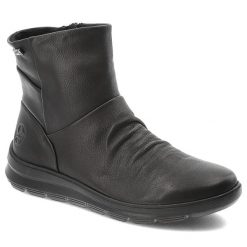 Botki damskie Rieker o wygodnym fasonie z marszczoną cholewką i lekką podeszwą czarne, Z0066-00 Black. Czarne kozaki damskie Rieker, bez obcasa. Za 439.00 zł.