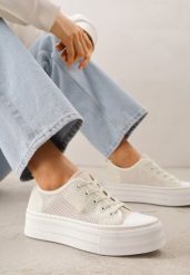 Beżowe Ażurowe Trampki na Platformie Irivana. Brązowe obuwie sportowe damskie Renee, w ażurowe wzory, z jeansu, boho, bez zapięcia. Za 79.99 zł.