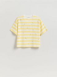 Bawełniany t-shirt z aplikacją - żółty. Żółte t-shirty damskie Reserved, l, z aplikacjami, z bawełny, bez kołnierzyka. Za 89.99 zł.