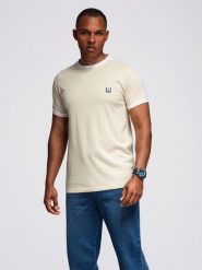 Męski t-shirt z kontrastowymi lampasami – kremowy V7 - Rozmiar: XL. Białe t-shirty męskie Ombre Clothing, m, z aplikacjami, z bawełny, klasyczne, bez kołnierzyka. Za 109.99 zł.