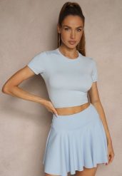 Jasnoniebieski Dopasowany T-shirt z Wiskozą o Kroju Crop Top Folaviela. Niebieskie bluzki damskie Renee, m, bez wzorów, z jeansu, bez kołnierzyka. Za 39.99 zł.