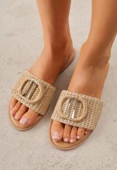 Beżowe Plecione Klapki na Płaskiej Podeszwie Zdobione Metaliczną Aplikacją Rhelana. Brązowe klapki damskie Renee, z aplikacjami, boho, bez obcasa, na płaskiej podeszwie. Za 79.99 zł.