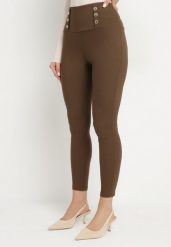 Brązowe Legginsy z Wysokim Stanem Ozdobione Guzikami Kolithra. Brązowe legginsy damskie Born2be, l, bez wzorów, z jeansu. Za 39.99 zł.