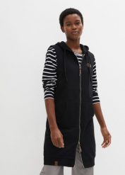 Długa kamizelka dresowa z kapturem, z mieszanki bawełny. Czarne płaszcze damskie bonprix, bez wzorów, z bawełny, długie, z kapturem. Za 147.99 zł.