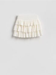 Spódnica mini z falbanami - biały. Białe spódnice damskie Reserved, l, bez wzorów, z dzianiny, mini, rozkloszowane. Za 89.99 zł.