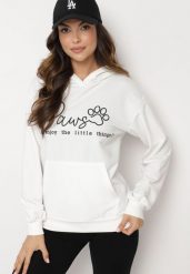 Biała Bluza z Bawełną i Kapturem Ozdobiona Napisem Zalabina. Białe bluzy damskie Born2be, l, z aplikacjami, z bawełny, z kapturem. Za 79.99 zł.