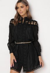 Czarna Koszulowa Sukienka w Stylu Vintage ze Stójką i Paskiem w Talii Glikoma. Czarne sukienki damskie Born2be, m, bez wzorów, vintage, bez kołnierzyka, bez ramiączek, mini, koszulowe. Za 219.99 zł.
