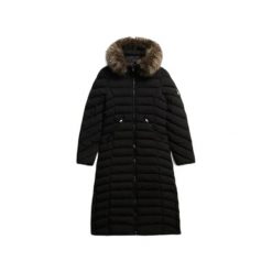 Damska długa kurtka Superdry Fuji. Czarne kurtki damskie Superdry., bez wzorów, z puchu, bez kaptura. W wyprzedaży za 638.15 zł.