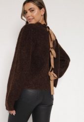 Brązowy Kardigan z Wełną i Bufiastymi Rękawami Wiązany na Plecach Tuseleia. Brązowe kardigany damskie Born2be, l, bez wzorów, z jeansu. Za 149.99 zł.