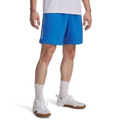 Męskie spodenki Under Armour Tech Woven Wordmark Short Blue. Białe buty sportowe męskie Under Armour, z materiału, bez zapięcia, na fitness i siłownię. Za 204.99 zł.